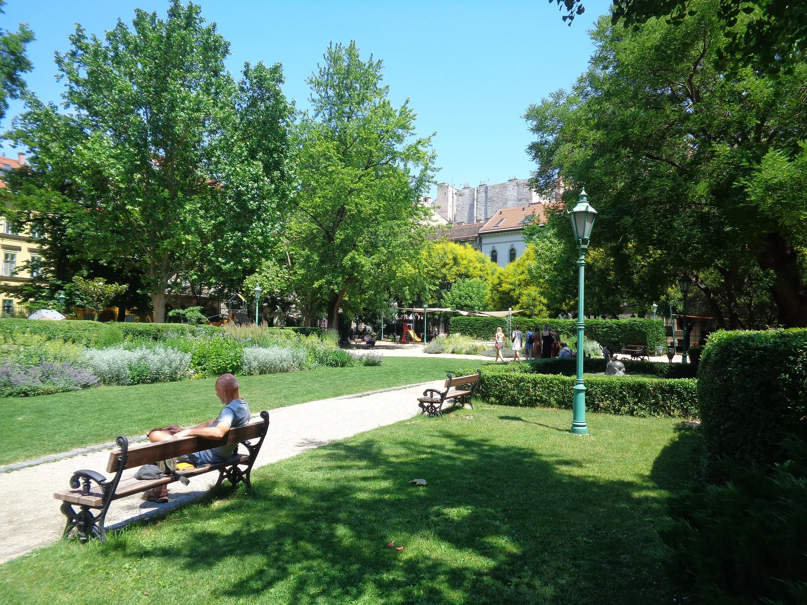 Károlyi kert in Budapest on a summer day: a path between lawns and flower beds, tall trees, green lamp posts and a man reading on a bench