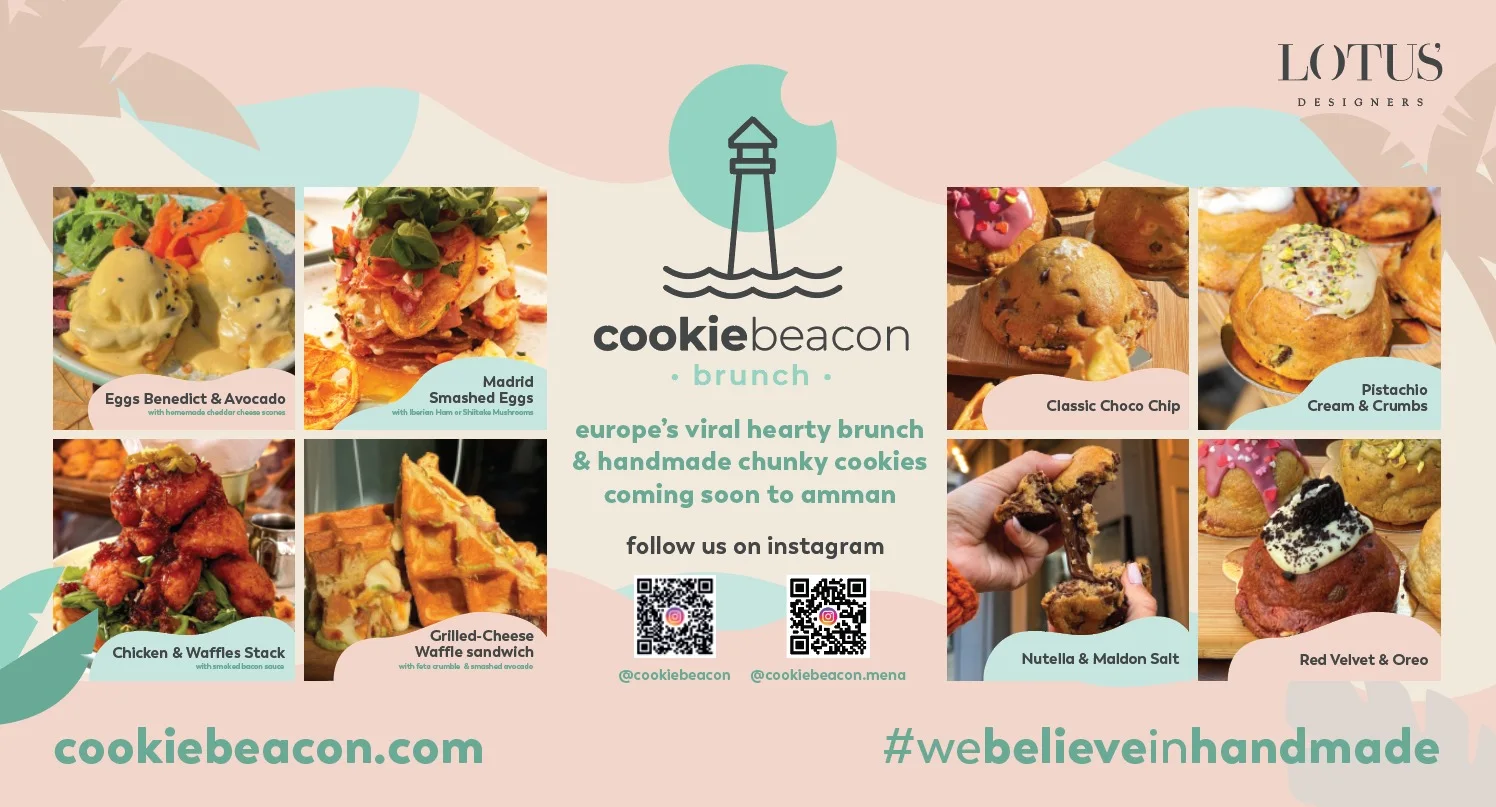 Cookie Beacon Brunch coming soon to Amman announcement: Europe's viral hearty brunch and handmade chunky cookies, with four brunch dishes, four cookies and the @cookiebeacon.mena Instagram