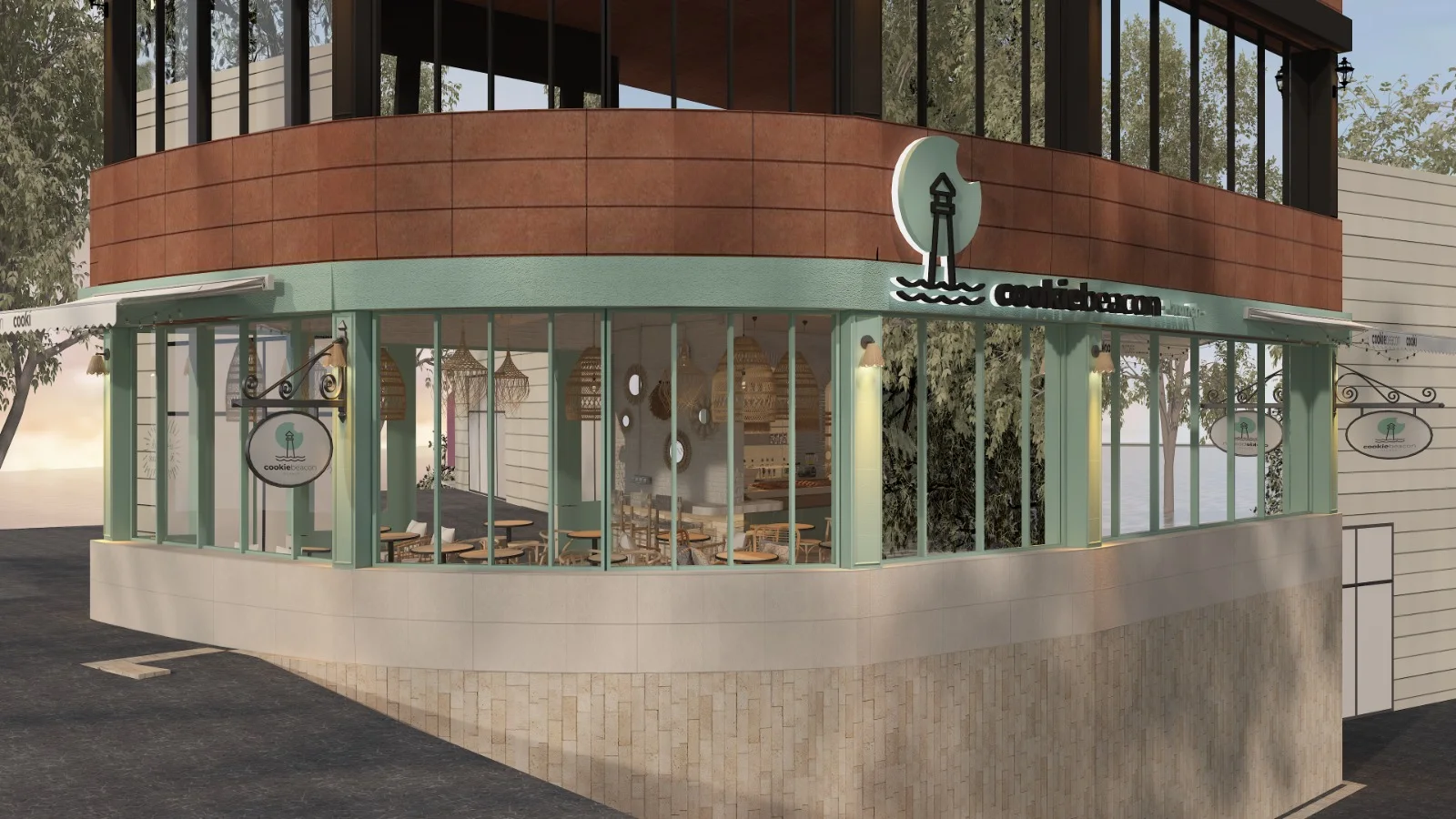 Design render of the Cookie Beacon Brunch corner façade in Amman, with sage-green window frames under a terracotta band and a hanging lighthouse sign