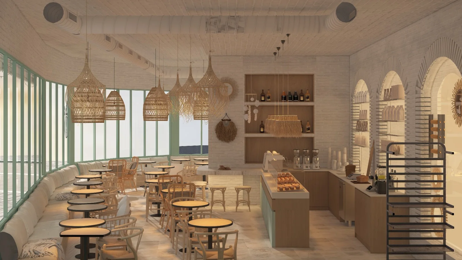 Design render of the cookie counter and espresso bar at Cookie Beacon Brunch Amman, with trays of chunky cookies along a wooden counter