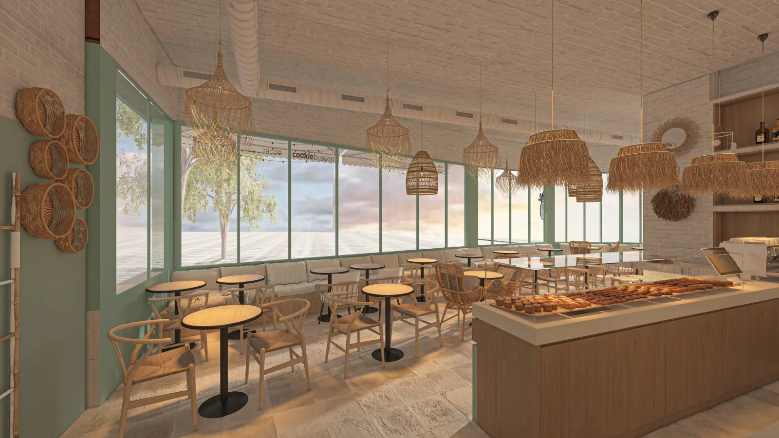 Design render of the cookie display at Cookie Beacon Brunch Amman, with trays of chunky cookies on the counter and windows behind