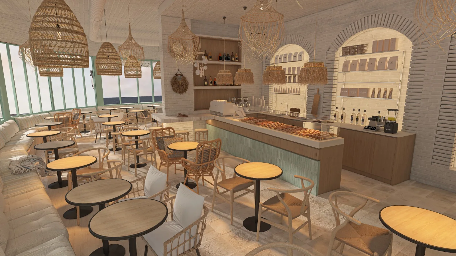 Design render of the Cookie Beacon Brunch interior in Amman: round wooden tables, a long cushioned bench under sage-green windows, and arched shelves behind the counter