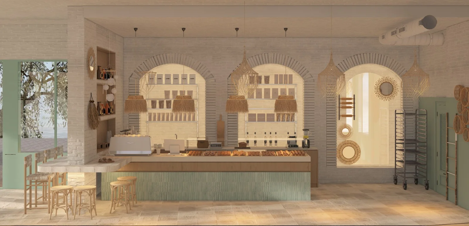 Design elevation of the Cookie Beacon Brunch Amman counter wall: three brick arches with shelves above a sage-green tiled counter