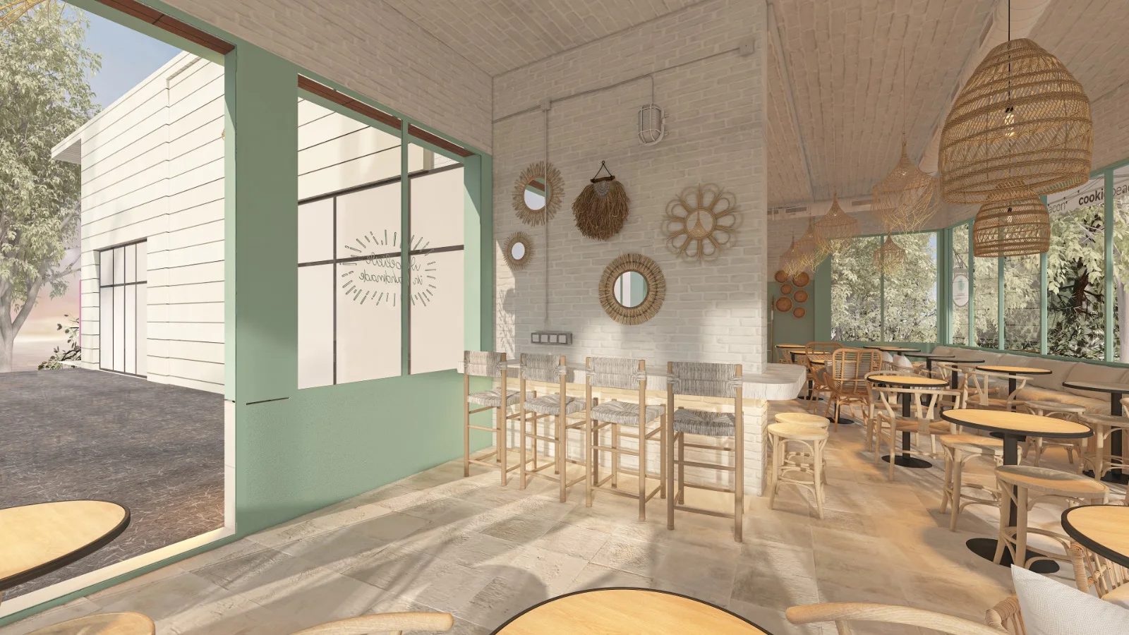 Design render of the entrance at Cookie Beacon Brunch Amman: a high marble table with woven bar stools beside the sage-green doorway