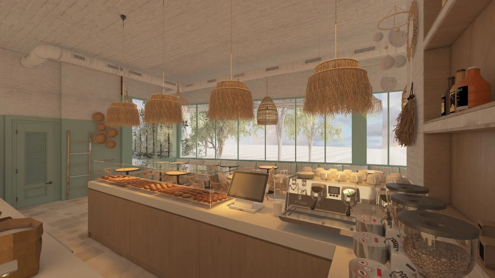 Design render of the espresso bar at Cookie Beacon Brunch Amman, with the coffee machine, grinders and fringed rattan lamps above the counter