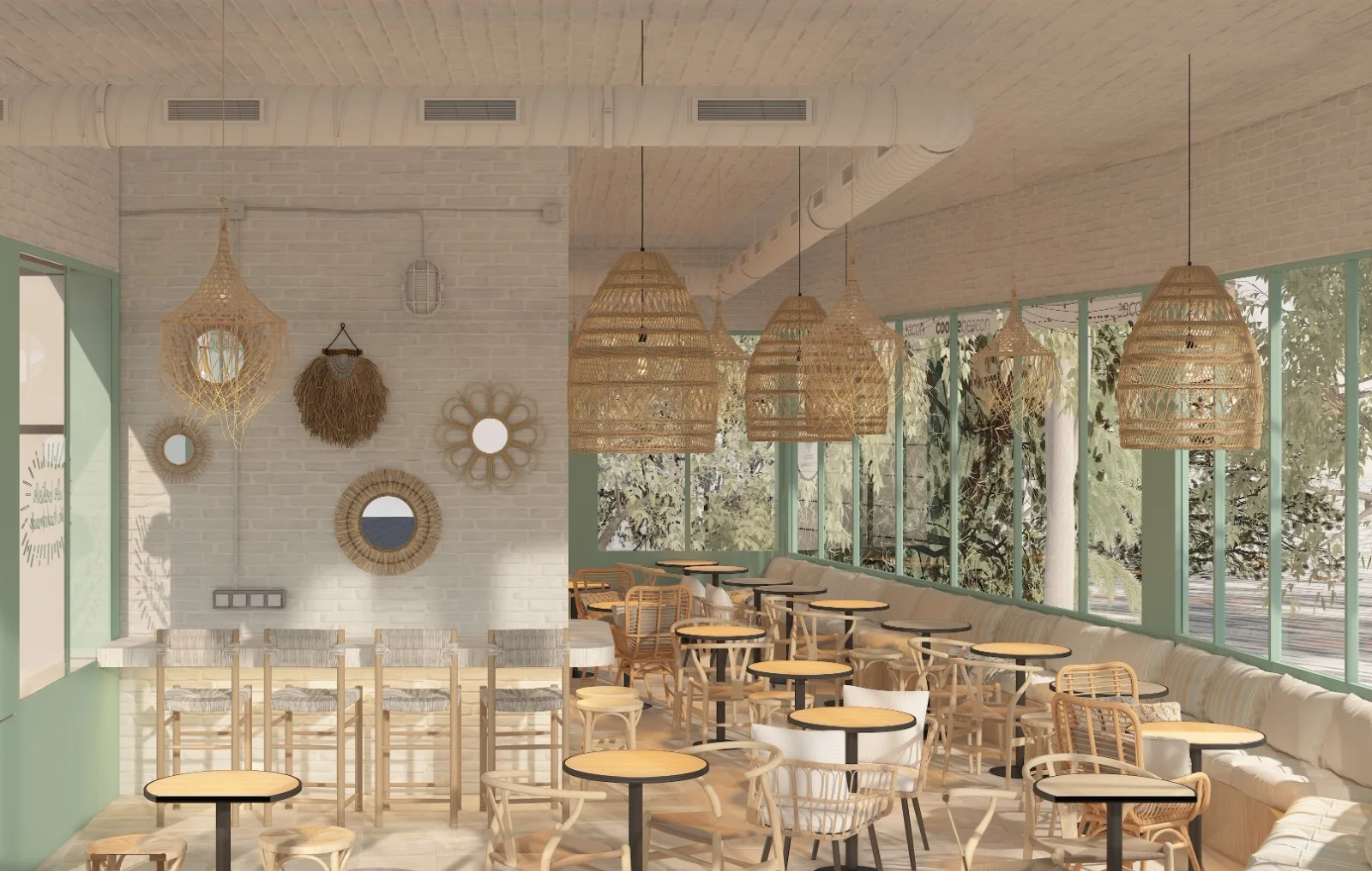 Design render of the high table under rattan lamps and woven wall mirrors at Cookie Beacon Brunch Amman