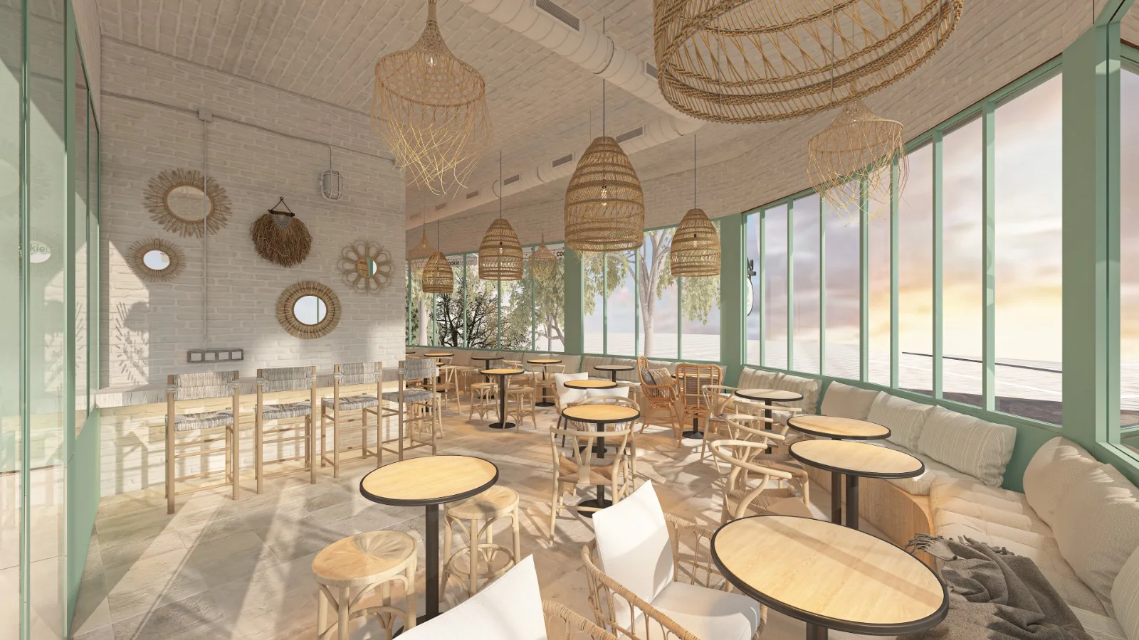 Design render of window seating at Cookie Beacon Brunch Amman, with rattan pendant lamps, woven wall mirrors and wishbone chairs at round tables