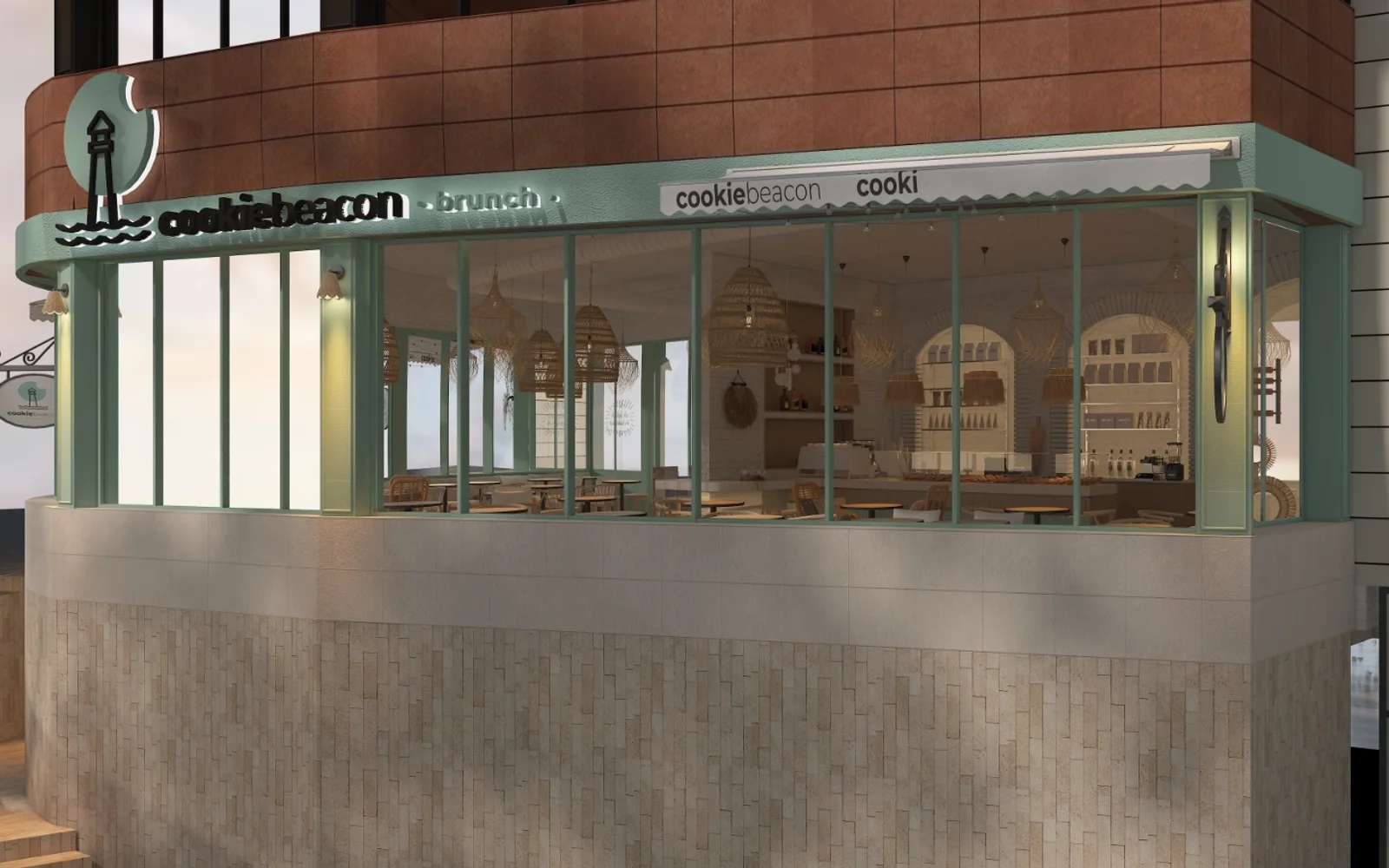 Design render of the Cookie Beacon Brunch storefront in Amman, Jordan: a sage-green glazed corner with the lighthouse logo and rattan lamps inside