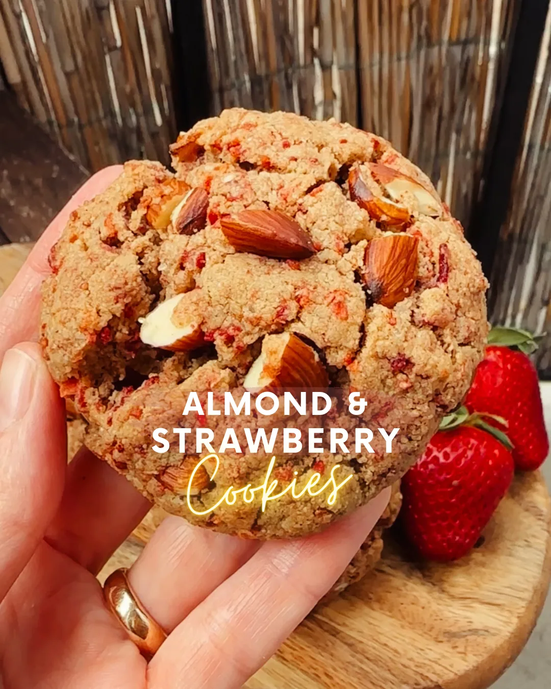 Soft flourless almond cookies studded with toasted almonds and dried strawberry pieces