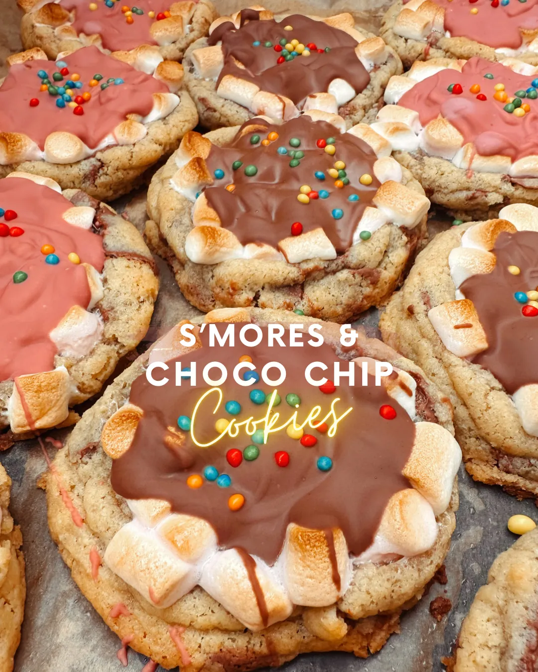Chocolate chip cookies topped with toasted marshmallows, melted chocolate and sprinkles